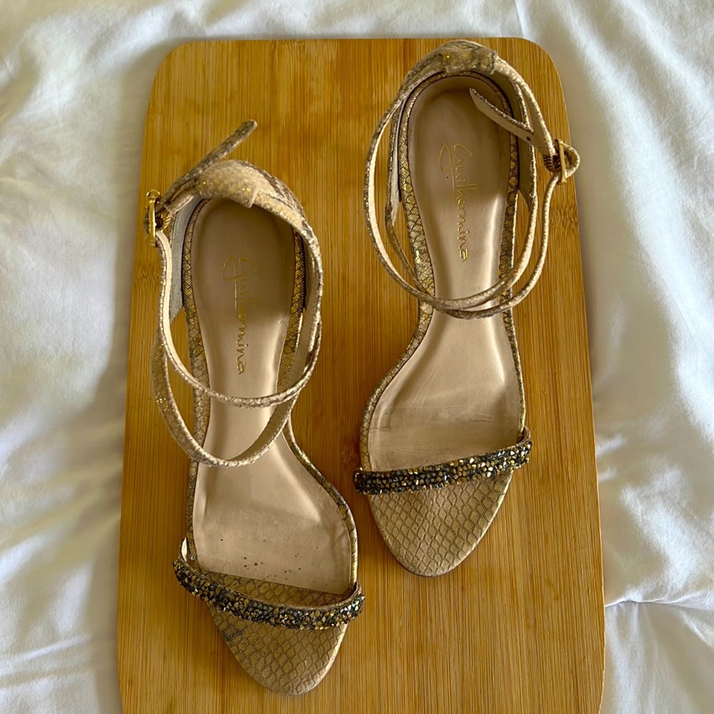 GUILHERMINA beaded strap heeled sandals. Gold with a hint of snakeskin design.